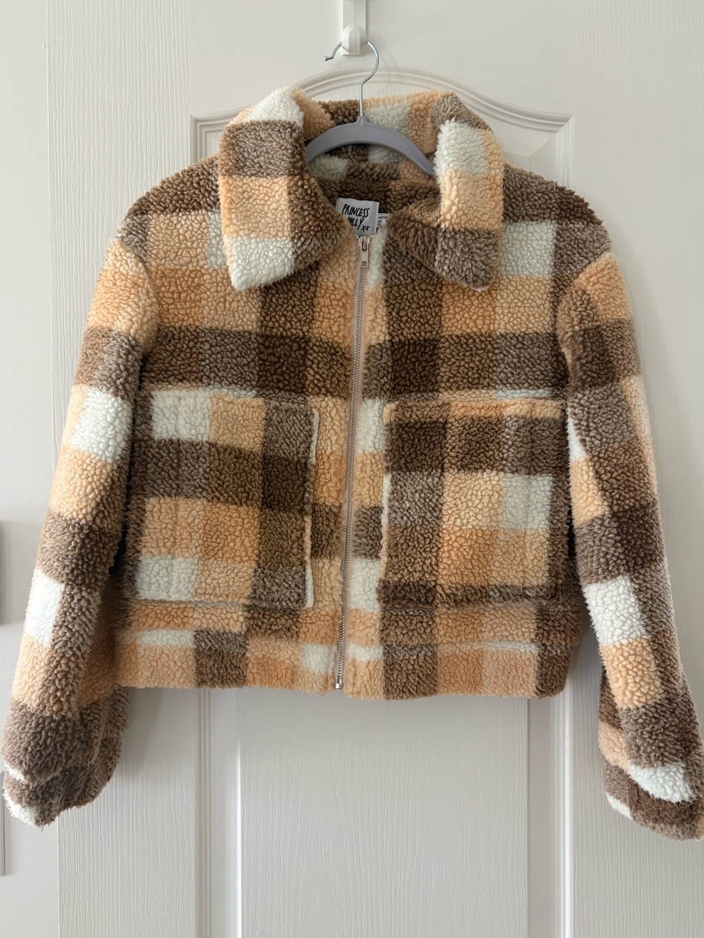 Princess Polly Cream, Beige & Brown Check Teddy Jacket